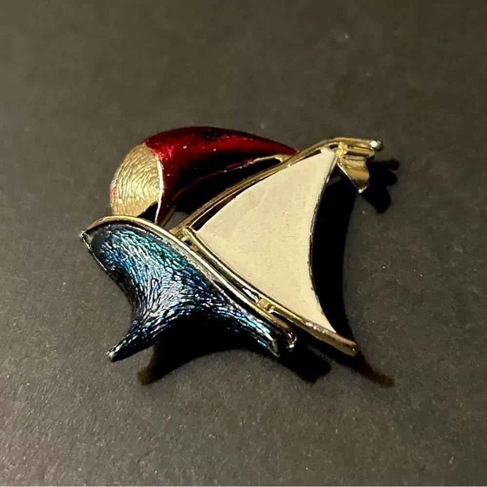 Vintage Nautical Sailboat Gold Toned Brooch in Red, White and Blue